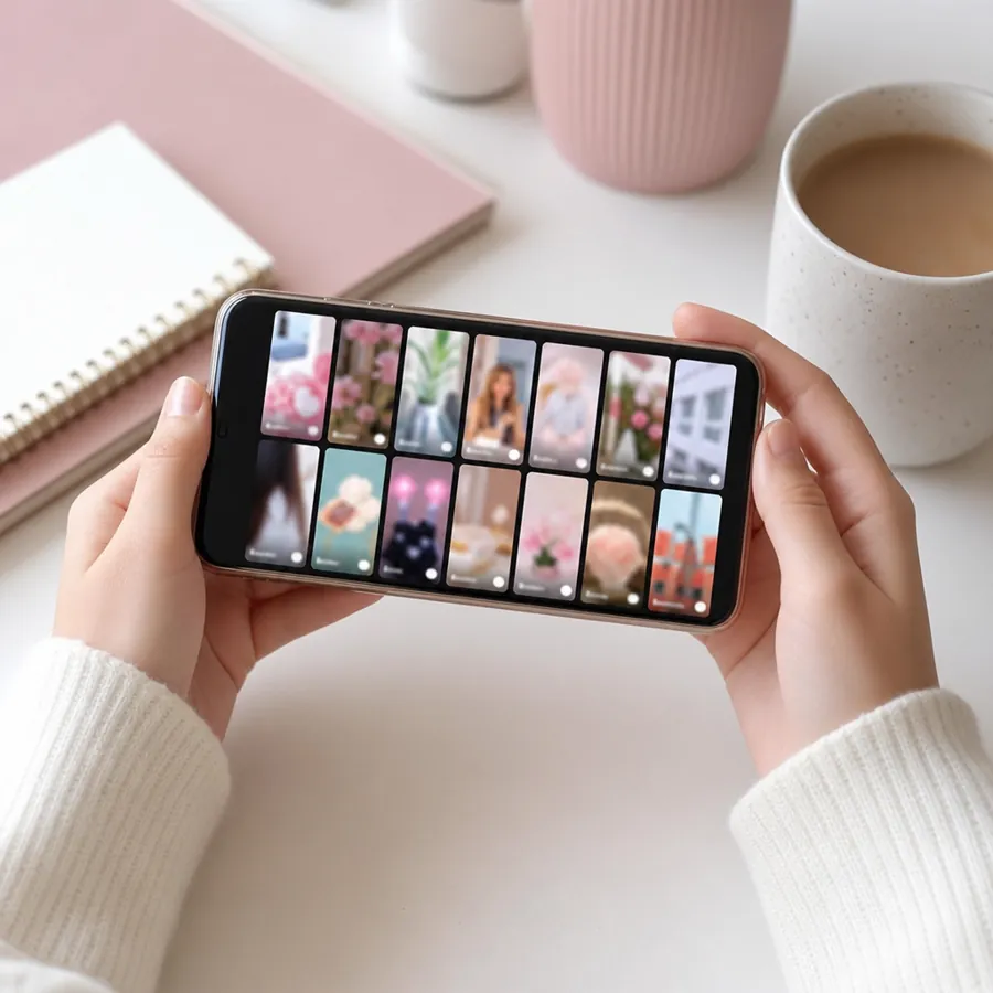 スマホでSNS広告用の縦動画候補を見比べている手元
