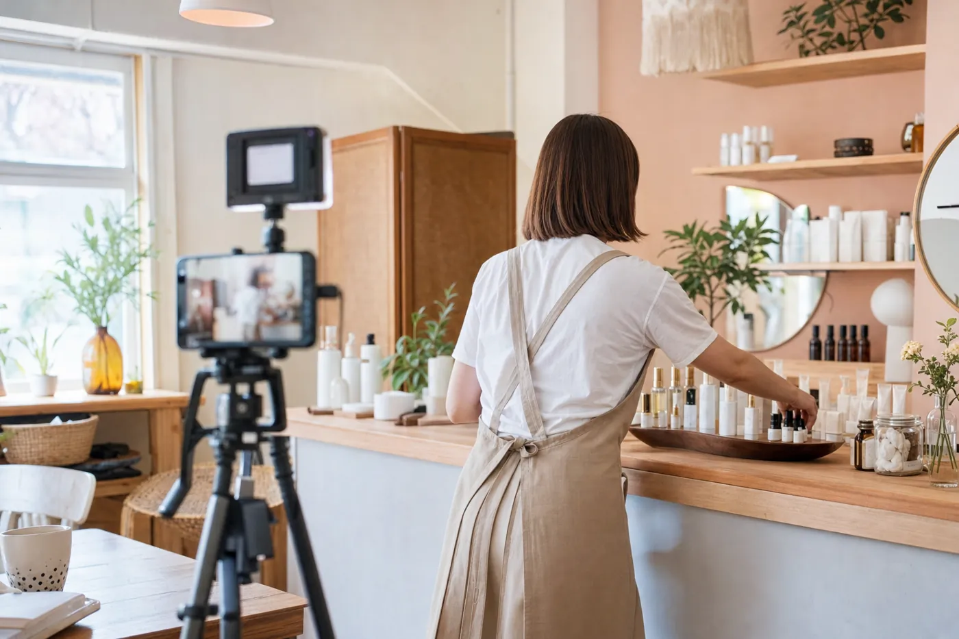 店舗のSNS動画撮影の様子。カウンターで商品を並べるスタッフとスマホ三脚
