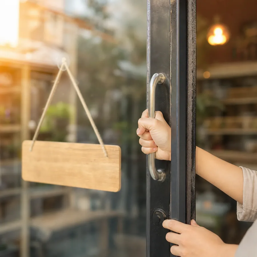 開店準備で店舗の扉を開ける手元
