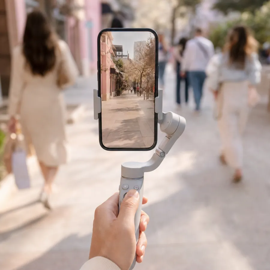 ジンバルに載せたスマホで街頭の縦動画を撮影する手元