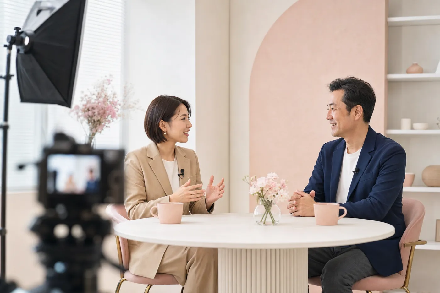 対談・インタビュー動画の撮影現場。テーブルを挟んで会話する二人の出演者とカメラ、ピンマイク