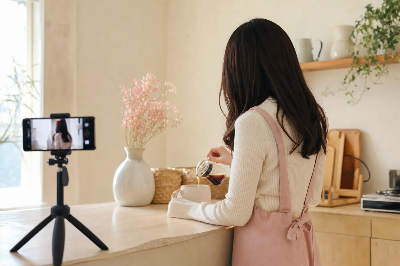 Vlog風の日常カット撮影。キッチンでコーヒーを淹れる出演モデルをスマホで撮影